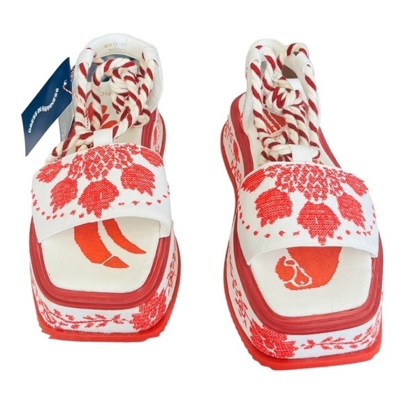 FARM RIO Red Embroidery Cross Stitch Flatform Ankle Lace Up Sandals NEW $285 - Picture 7 of 16